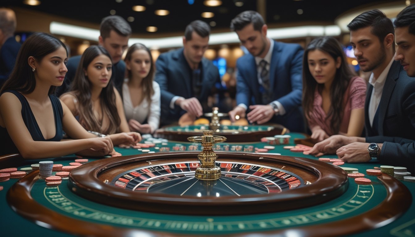 Beberapa pemain pemula sedang bermain roulette multi-roda di meja kasino dengan ekspresi fokus dan bingung.