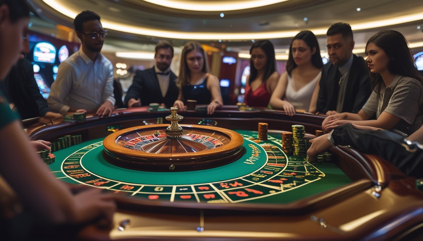 Beberapa pemain di meja roulette multi-wheel di kasino, tampak fokus dan sedikit bingung saat bermain.