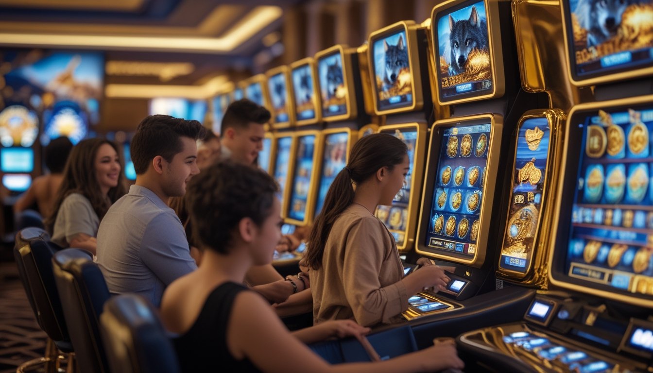 Orang-orang bermain mesin slot bertema serigala dan emas di dalam kasino dengan pencahayaan hangat dan suasana yang ramai.