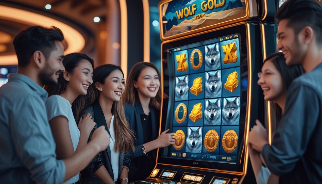 Sekelompok orang muda sedang bermain mesin slot Wolf Gold di kasino dengan ekspresi antusias dan fokus.