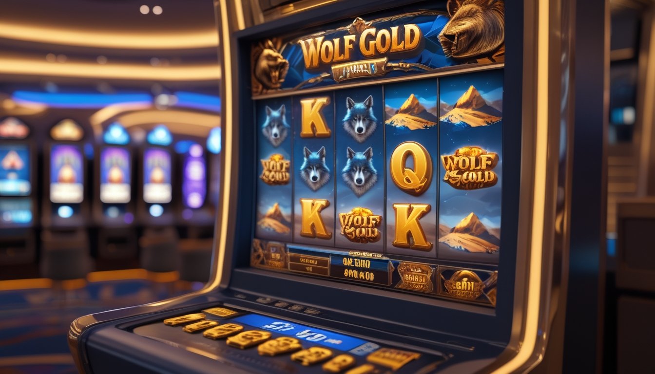 Mesin slot Wolf Gold dengan simbol serigala dan koin emas di lingkungan kasino yang modern dan terang.