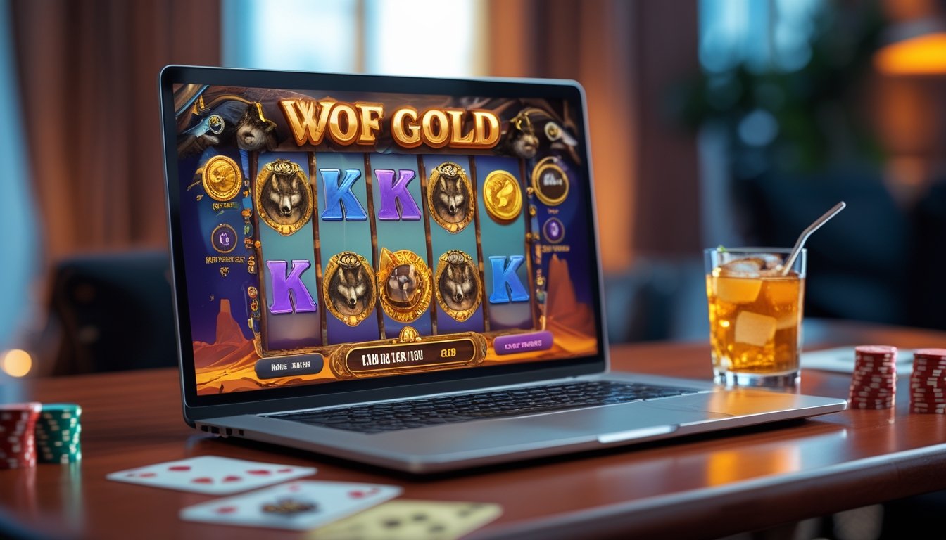 Sebuah meja dengan komputer yang menampilkan permainan slot Wolf Gold, dikelilingi chip poker dan kartu remi, dengan pencahayaan hangat di latar belakang.