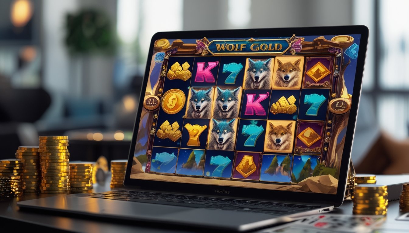 Seorang pemain sedang bermain mesin slot Wolf Gold di komputer dengan latar belakang suasana kasino yang nyaman.