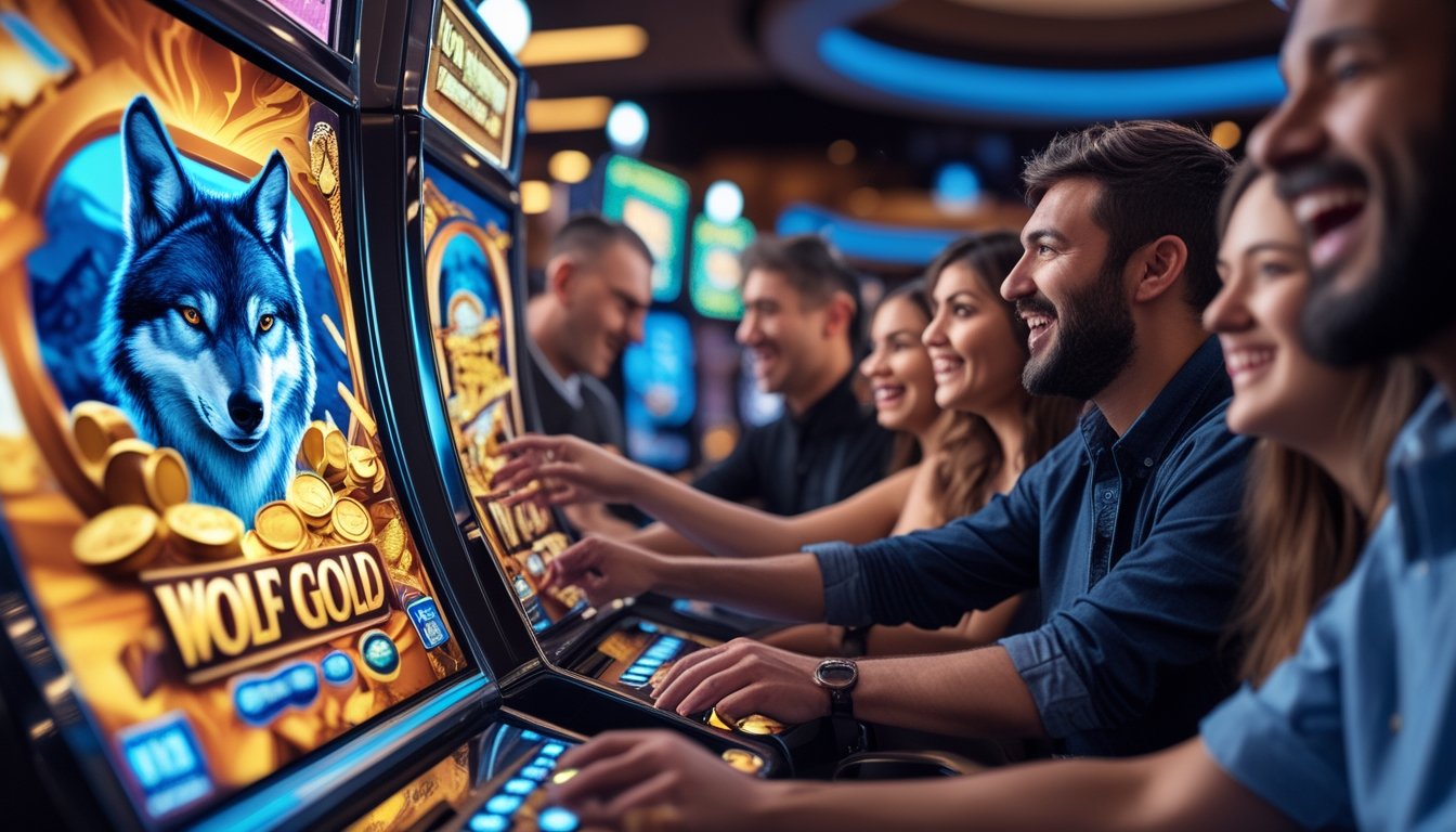Beberapa orang sedang bermain mesin slot Wolf Gold dengan ekspresi antusias di sebuah kasino yang ramai.
