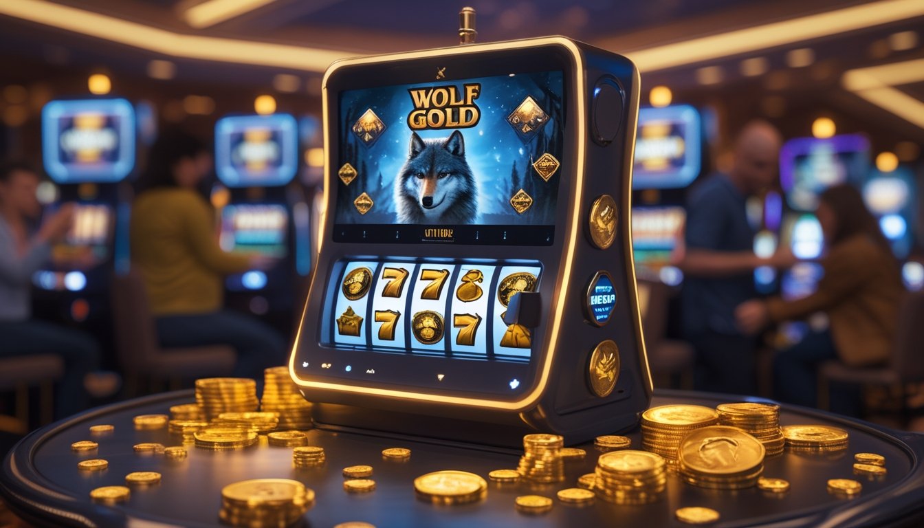 Mesin slot dengan gambar serigala dan emas di kasino dengan pemain yang sedang bermain di latar belakang.