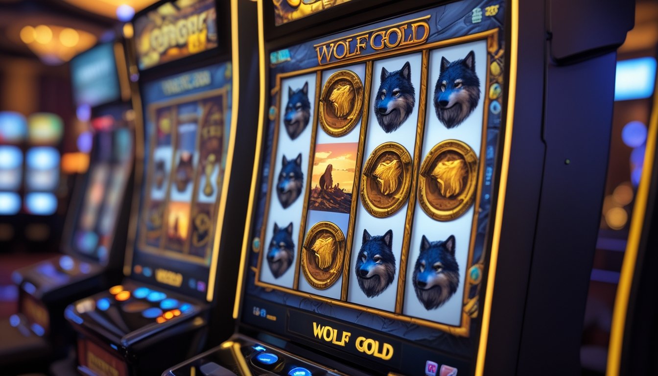 Mesin slot dengan tema serigala dan koin emas di dalam kasino dengan pencahayaan hangat.