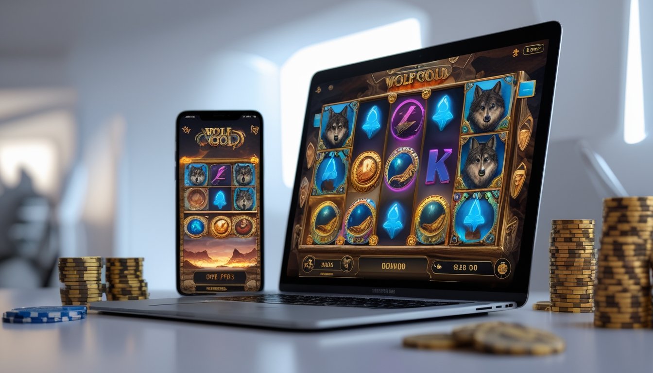 Layar komputer menampilkan permainan slot bertema serigala dengan simbol serigala dan lanskap gurun, di sekitar terdapat chip poker dan ponsel dengan tampilan permainan serupa.