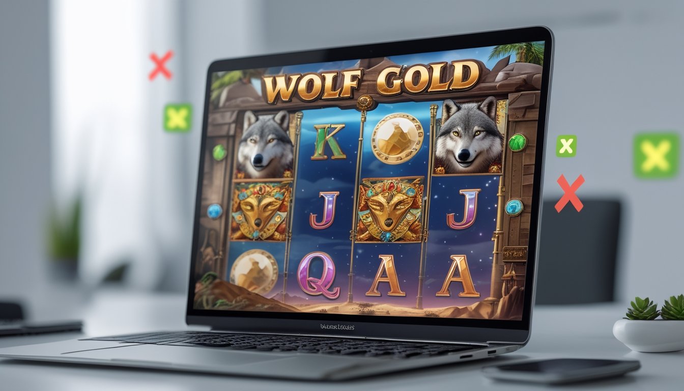 Layar komputer menampilkan permainan slot online bertema serigala dengan simbol serigala dan bulan, dikelilingi tanda centang hijau dan silang merah yang melayang.