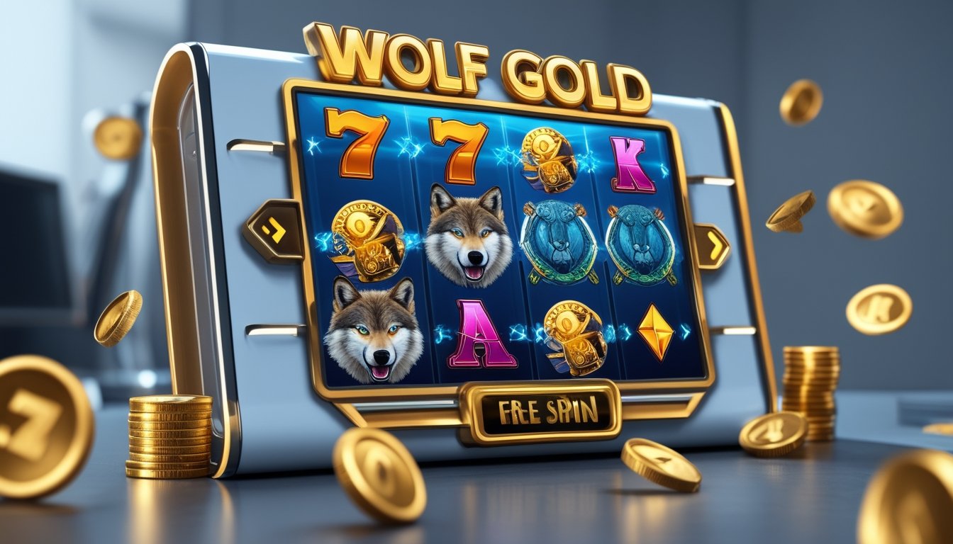 Layar perangkat digital menampilkan permainan slot dengan simbol serigala dan koin emas, menggambarkan fitur putaran gratis dalam permainan slot online.
