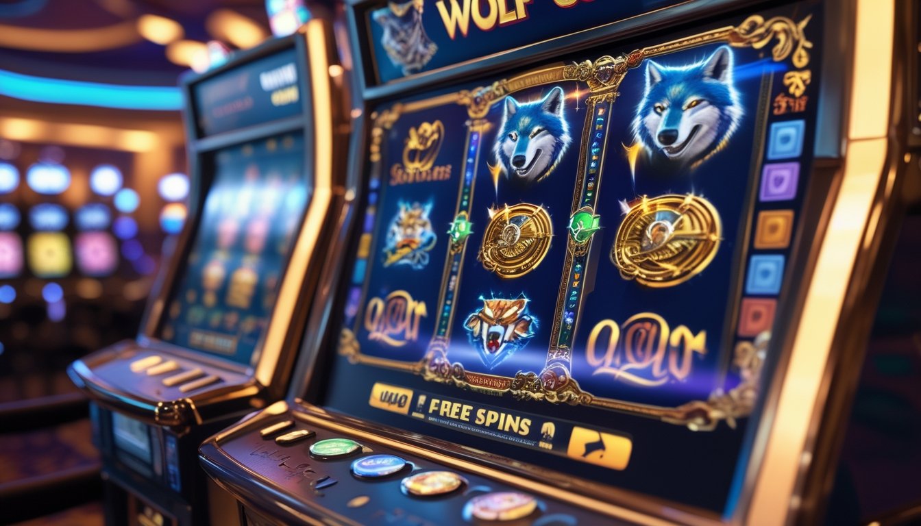 Mesin slot dengan gambar serigala dan koin emas sedang berputar di dalam kasino yang ramai.