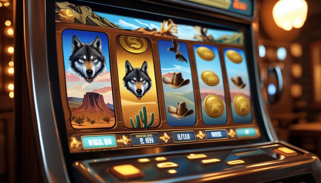 Mesin slot dengan grafis bertema Wild West menampilkan gambar serigala, koin emas, dan lanskap gurun di latar belakang saloon kayu.