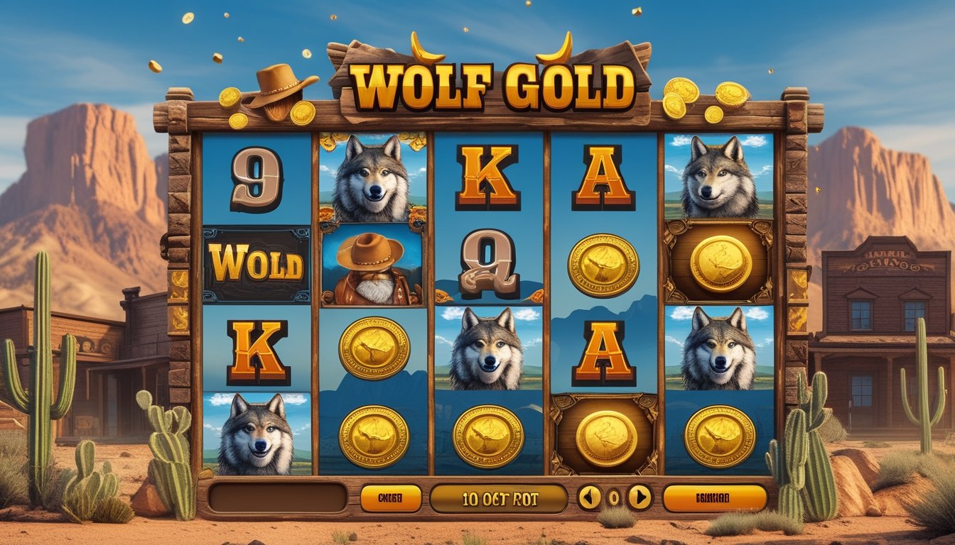 Layar mesin slot digital dengan tema Wild West menampilkan simbol serigala, koin emas, dan topi koboi di latar belakang gurun dengan gunung dan kaktus.