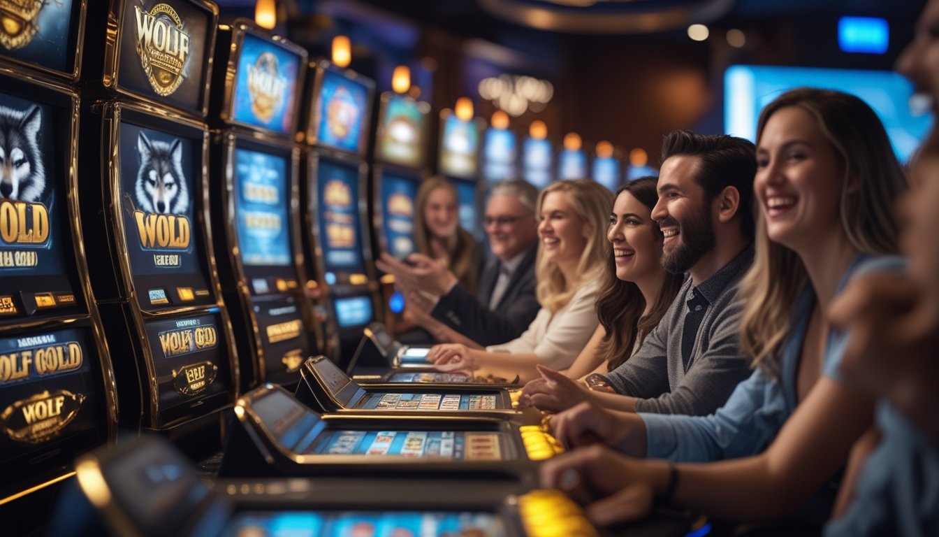 Orang-orang bermain mesin slot dengan tema serigala dan emas di kasino yang modern dan ramai.