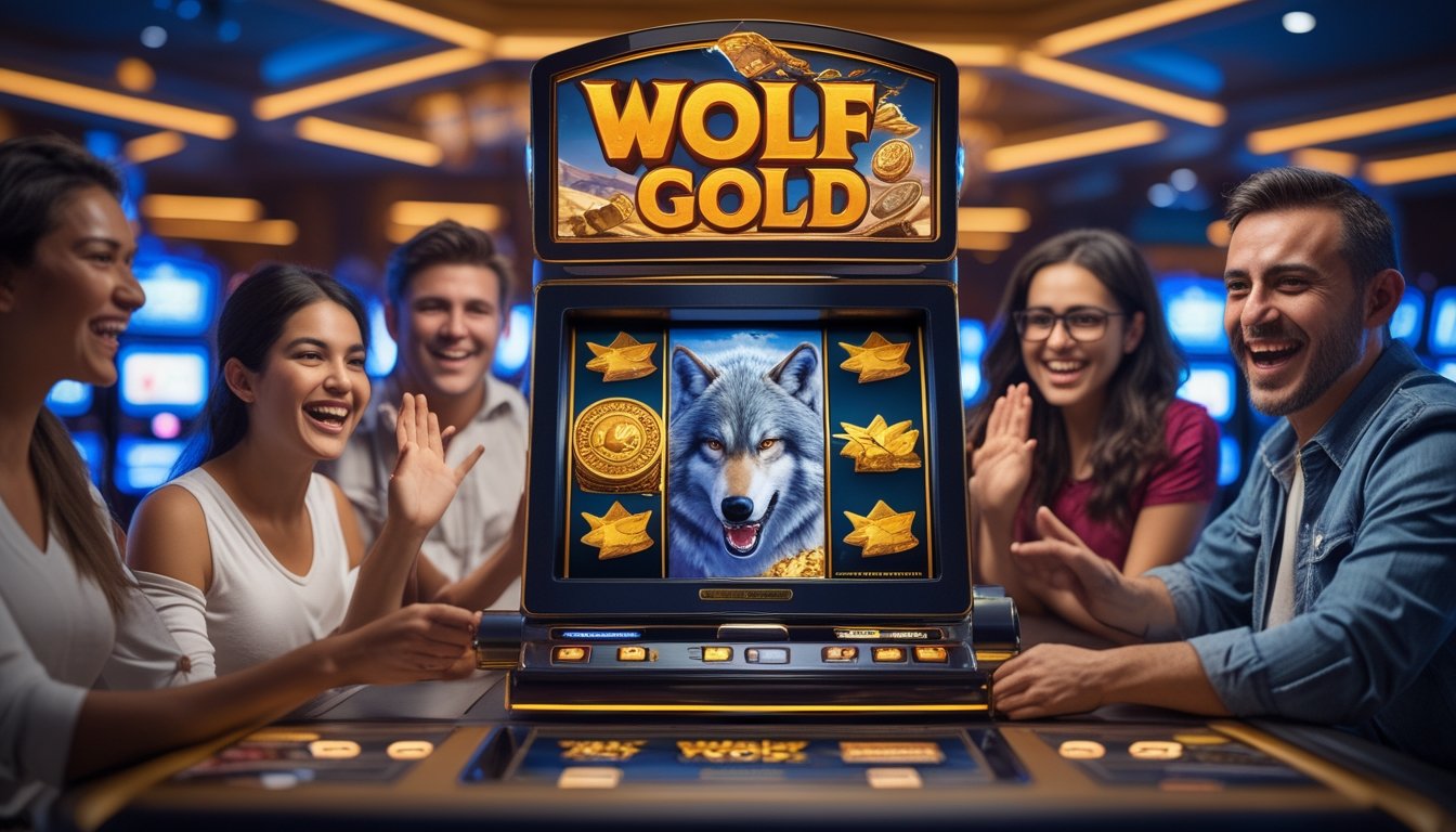 Beberapa orang bermain mesin slot dengan gambar serigala dan koin emas di kasino yang terang dan ramai.