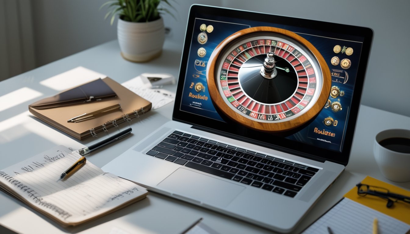 Seorang pemula sedang belajar bermain auto roulette online dengan laptop yang menampilkan roda roulette digital dan catatan strategi di meja.