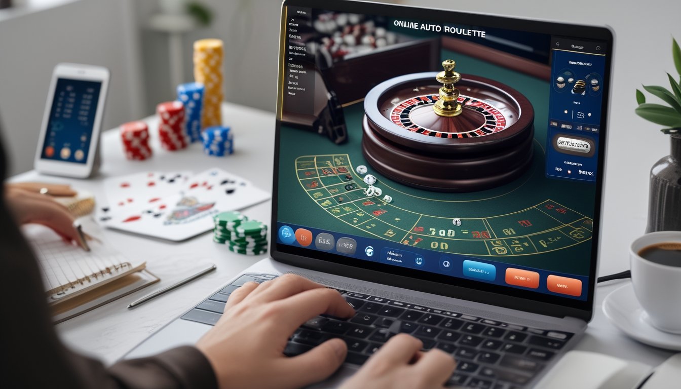 Layar komputer menampilkan roda roulette digital yang berputar otomatis dengan chip poker dan kartu di sekitar meja kerja yang rapi.