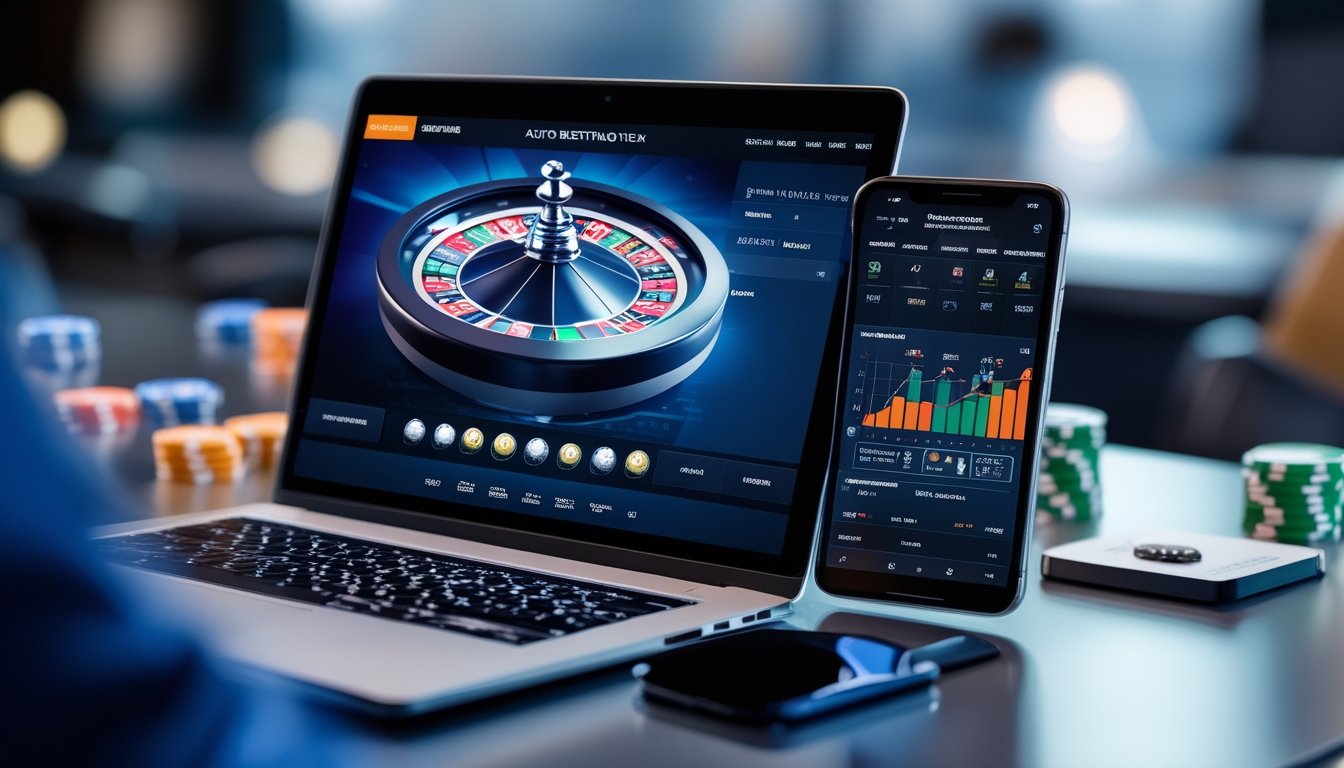 Sebuah meja kerja dengan komputer dan perangkat mobile yang menampilkan roda roulette digital dan antarmuka taruhan otomatis dalam suasana kasino online.