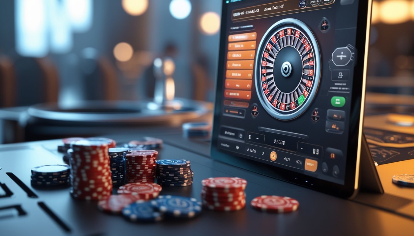 Layar komputer menampilkan permainan auto roulette dengan roda roulette digital yang berputar dan opsi taruhan otomatis di sekitar layar.