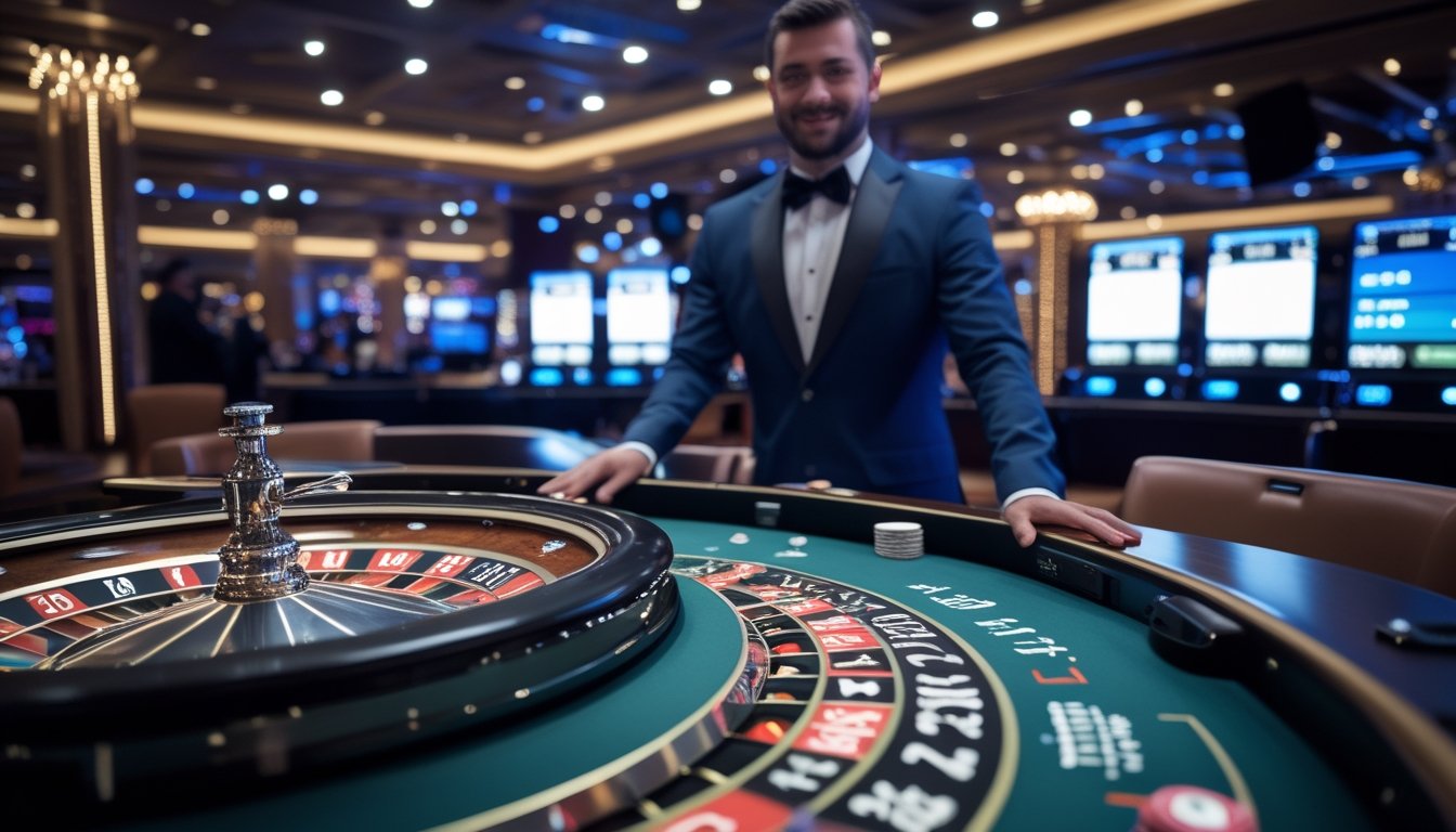 Seorang dealer live di meja roulette otomatis di dalam kasino modern dengan lampu terang dan suasana mewah.