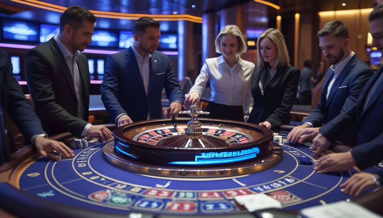 Suasana meja roulette otomatis dengan dealer langsung dan pemain yang sedang bermain di kasino modern.