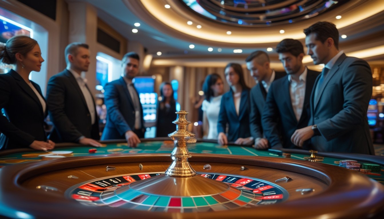 Orang-orang sedang mengamati mesin roulette otomatis di kasino dengan suasana penuh konsentrasi dan antisipasi.