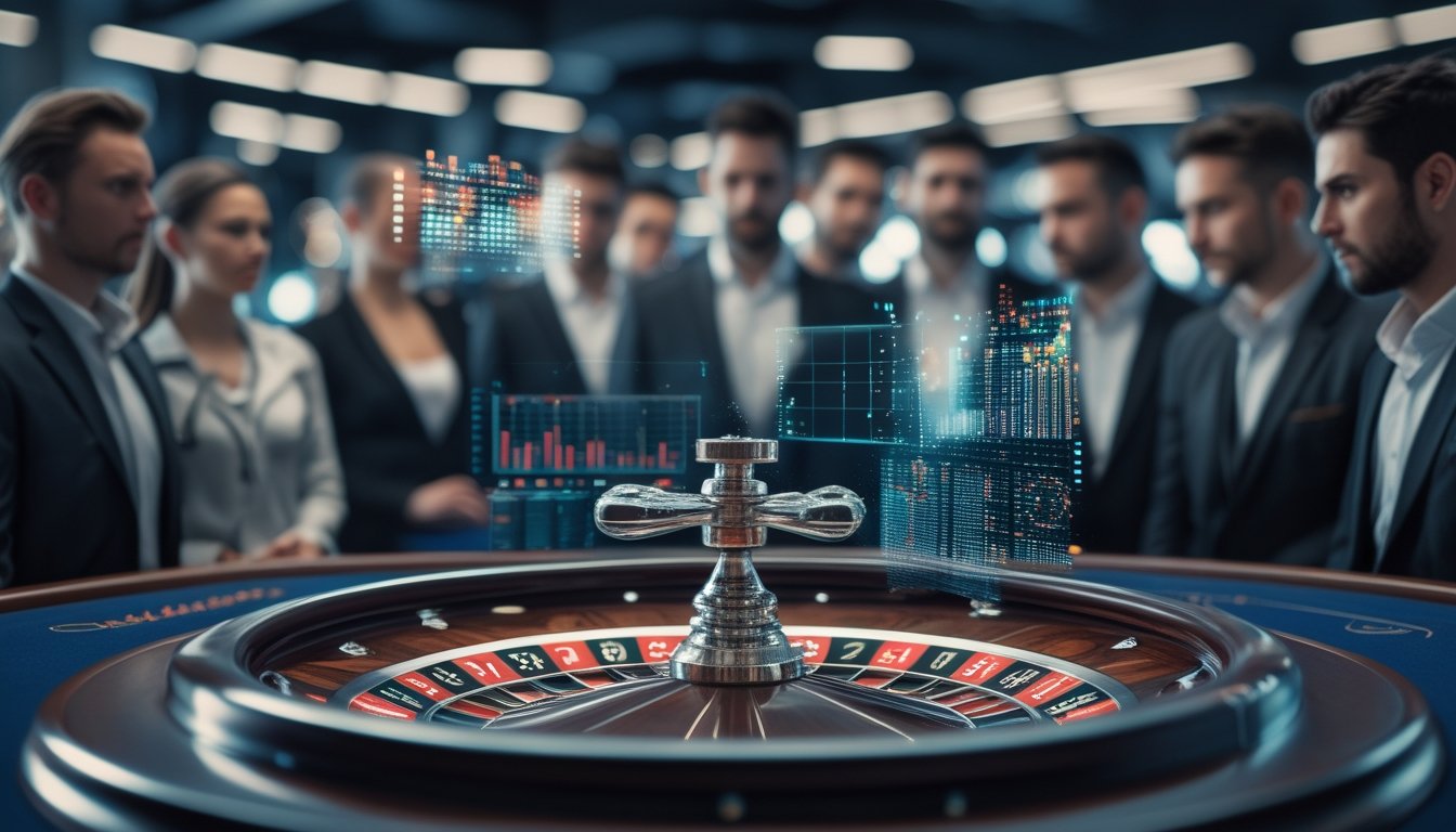 Roda roulette modern yang sedang berputar dengan grafik digital dan beberapa orang yang fokus mengamati di sekitarnya.