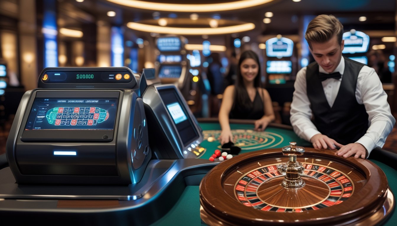 Suasana kasino dengan meja roulette otomatis dan meja roulette manual yang sedang dimainkan oleh seorang bandar dan beberapa pemain.