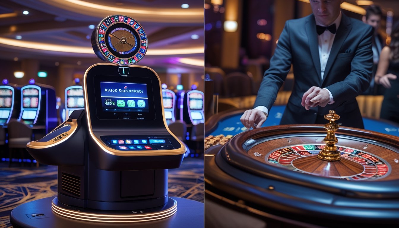 Suasana kasino yang menampilkan mesin auto roulette modern di satu sisi dan meja roulette manual dengan dealer dan pemain di sisi lain.