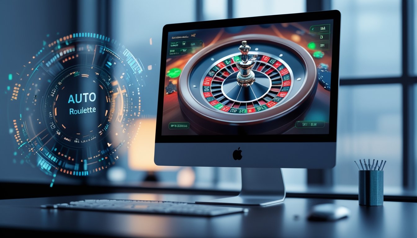 Layar komputer menampilkan roda roulette digital yang sedang berputar dengan latar belakang teknologi digital yang menunjukkan sistem RNG dalam kasino online.