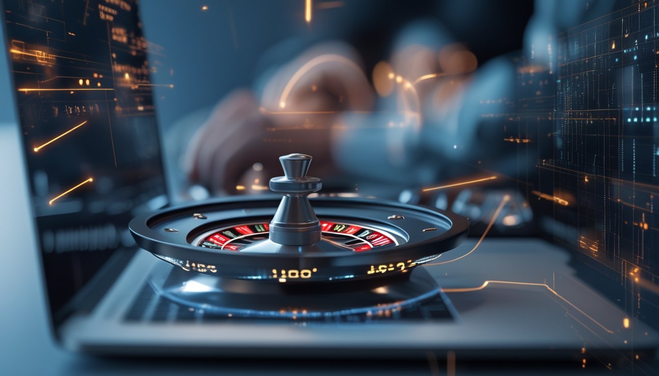 Sebuah komputer menampilkan roda roulette digital yang berputar otomatis dengan latar belakang teknologi dan pola digital.