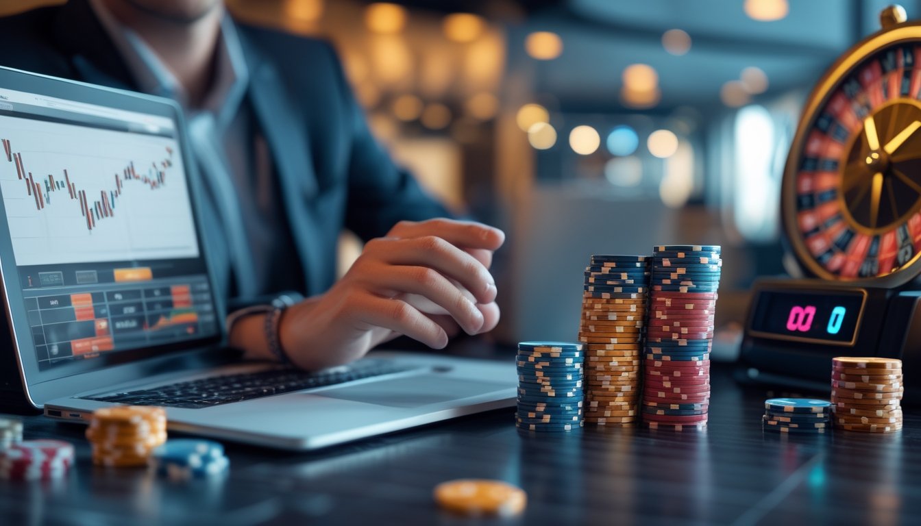 Seorang pria sedang menganalisis grafik keuangan dan tumpukan chip kasino di dekat roda roulette otomatis yang sedang berputar.