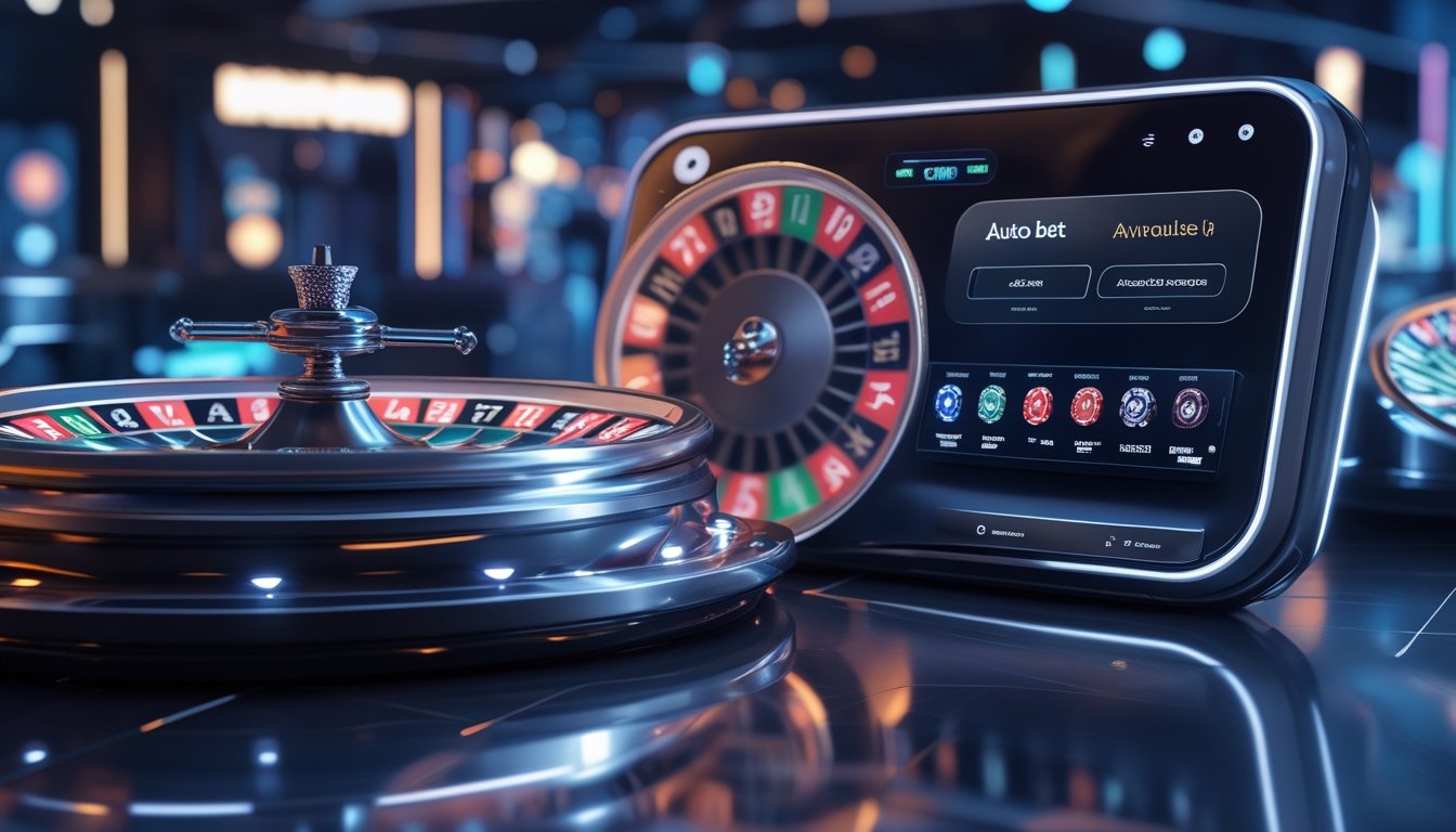 Antarmuka kasino online dengan roda roulette digital yang berputar dan fitur taruhan otomatis canggih.