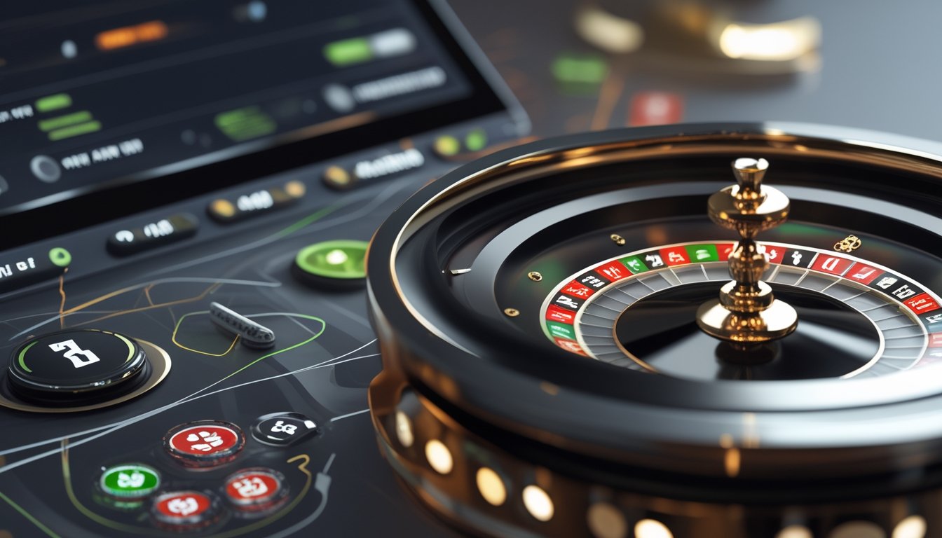 Tampilan antarmuka kasino online dengan roda roulette digital yang berputar dan fitur taruhan otomatis.