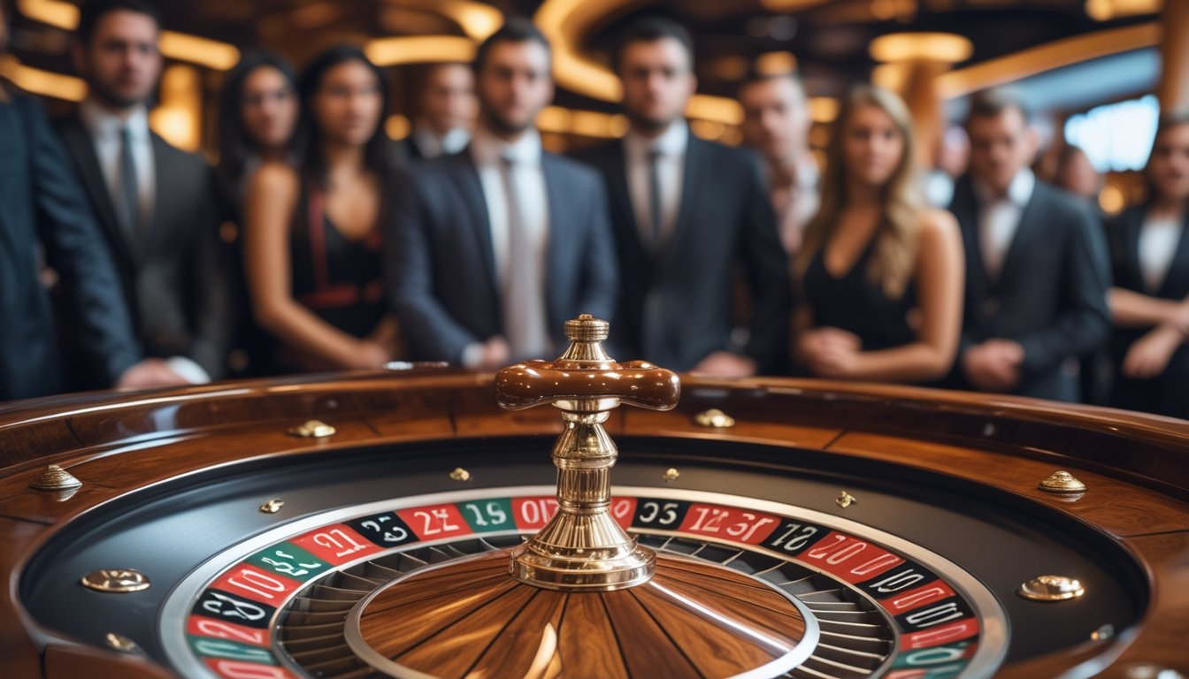 Meja auto roulette di kasino dengan roda roulette yang sedang berputar dan beberapa pemain yang memperhatikan dengan serius.
