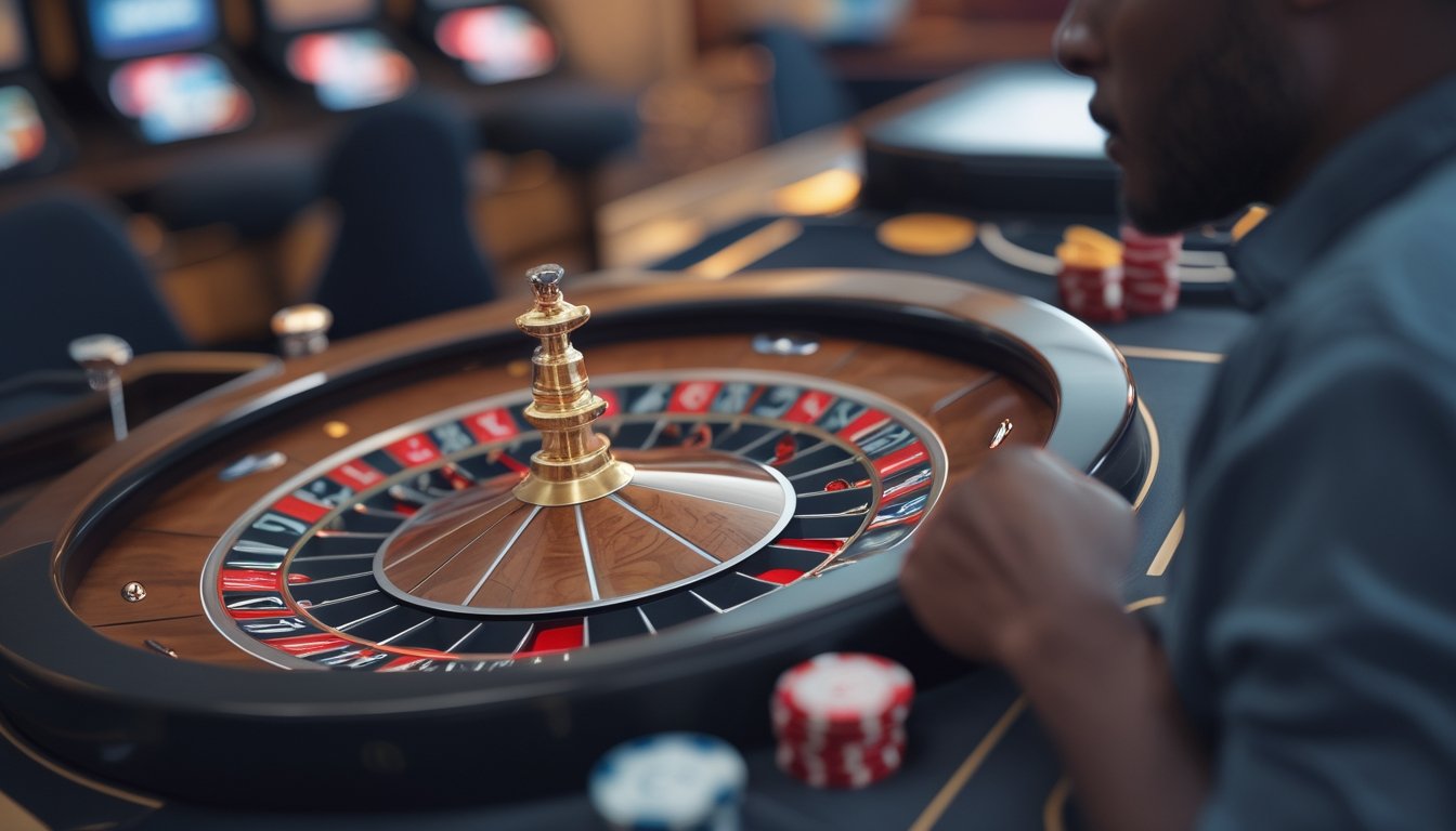 Seorang pemain memperhatikan mesin auto roulette yang sedang berputar di kasino modern.