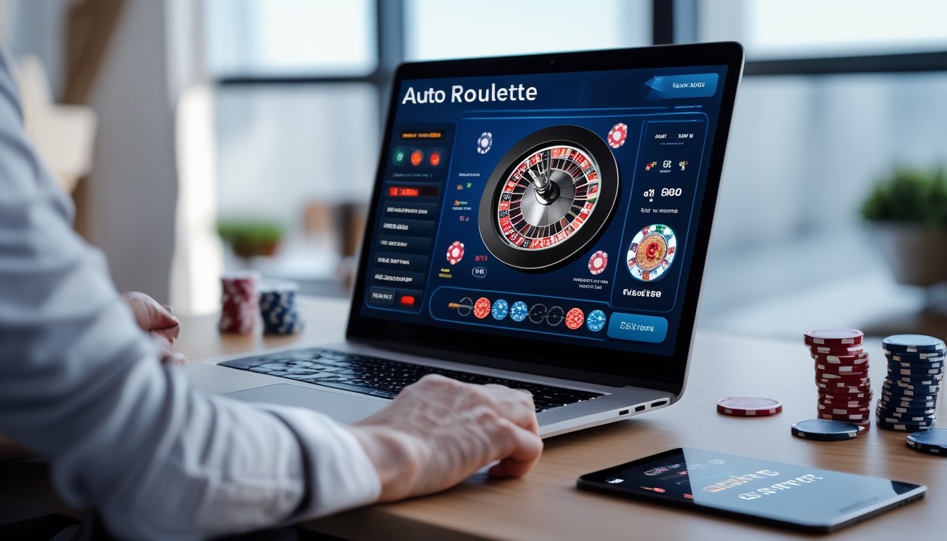 Sebuah meja kerja dengan laptop yang menampilkan permainan roulette otomatis online, dikelilingi oleh chip poker dan kartu remi.