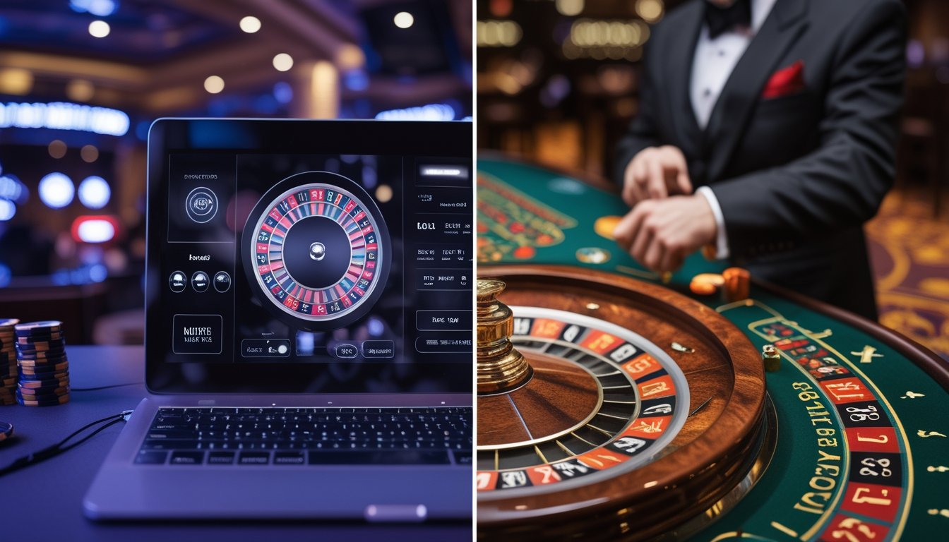 Gambar perbandingan dua permainan roulette, satu menggunakan antarmuka digital di layar perangkat dan satu lagi dengan roda roulette fisik di kasino.