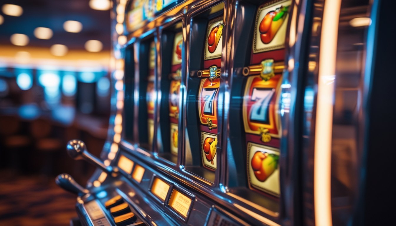 Mesin slot klasik dengan gulungan berputar di latar belakang kasino yang hangat.