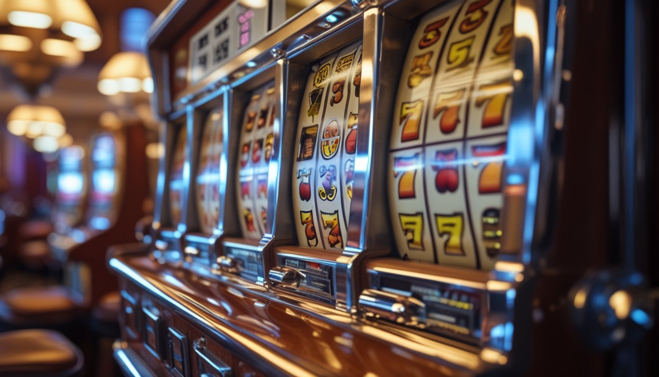 Mesin slot retro klasik dengan gulungan tradisional dan latar belakang kasino bergaya lama.