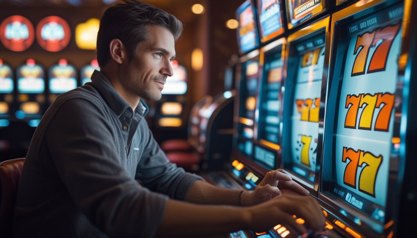 Seorang pemain dewasa fokus bermain mesin slot bergaya retro di kasino dengan latar mesin slot klasik dan pencahayaan lembut.