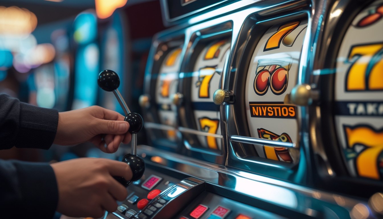 Gambar close-up mesin slot retro dengan gulungan berputar dan tangan pemain yang sedang menarik tuas.