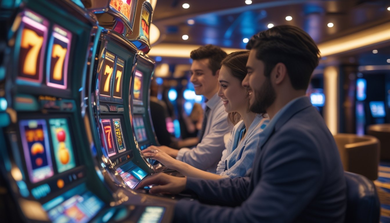 Orang-orang sedang mencoba mesin slot dengan tema retro di dalam kasino yang nyaman dan terang.