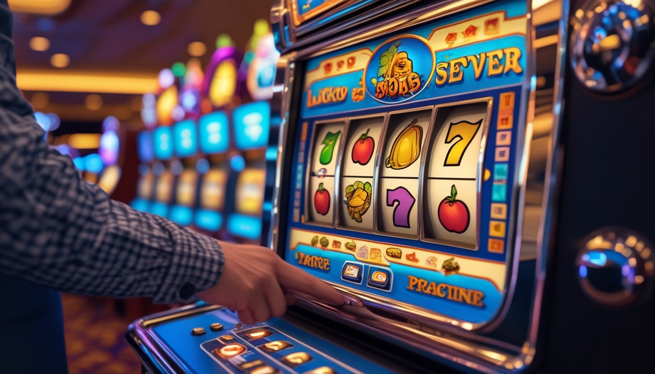 Mesin slot retro berwarna cerah dengan gulungan buah dan simbol keberuntungan di meja kasino dengan tangan seseorang menarik tuas.