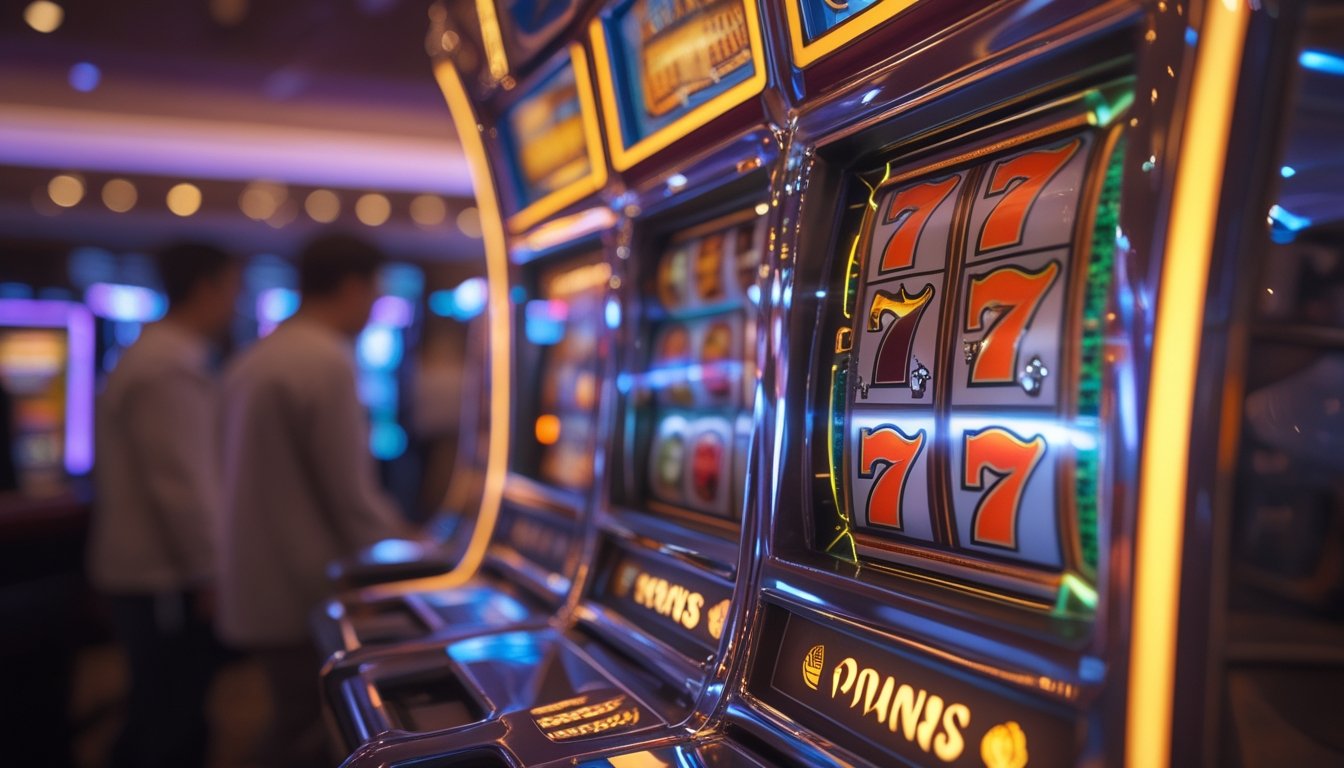Mesin slot retro dengan simbol klasik dan lampu berkilau di dalam kasino yang hangat, dengan pemain di latar belakang.