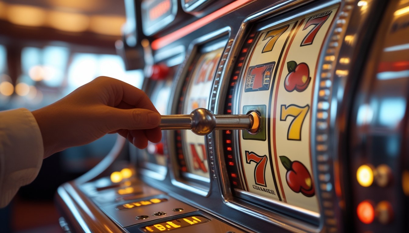 Gambar close-up mesin slot retro dengan simbol klasik di gulungan dan tangan yang akan menarik tuas di latar kasino yang samar.