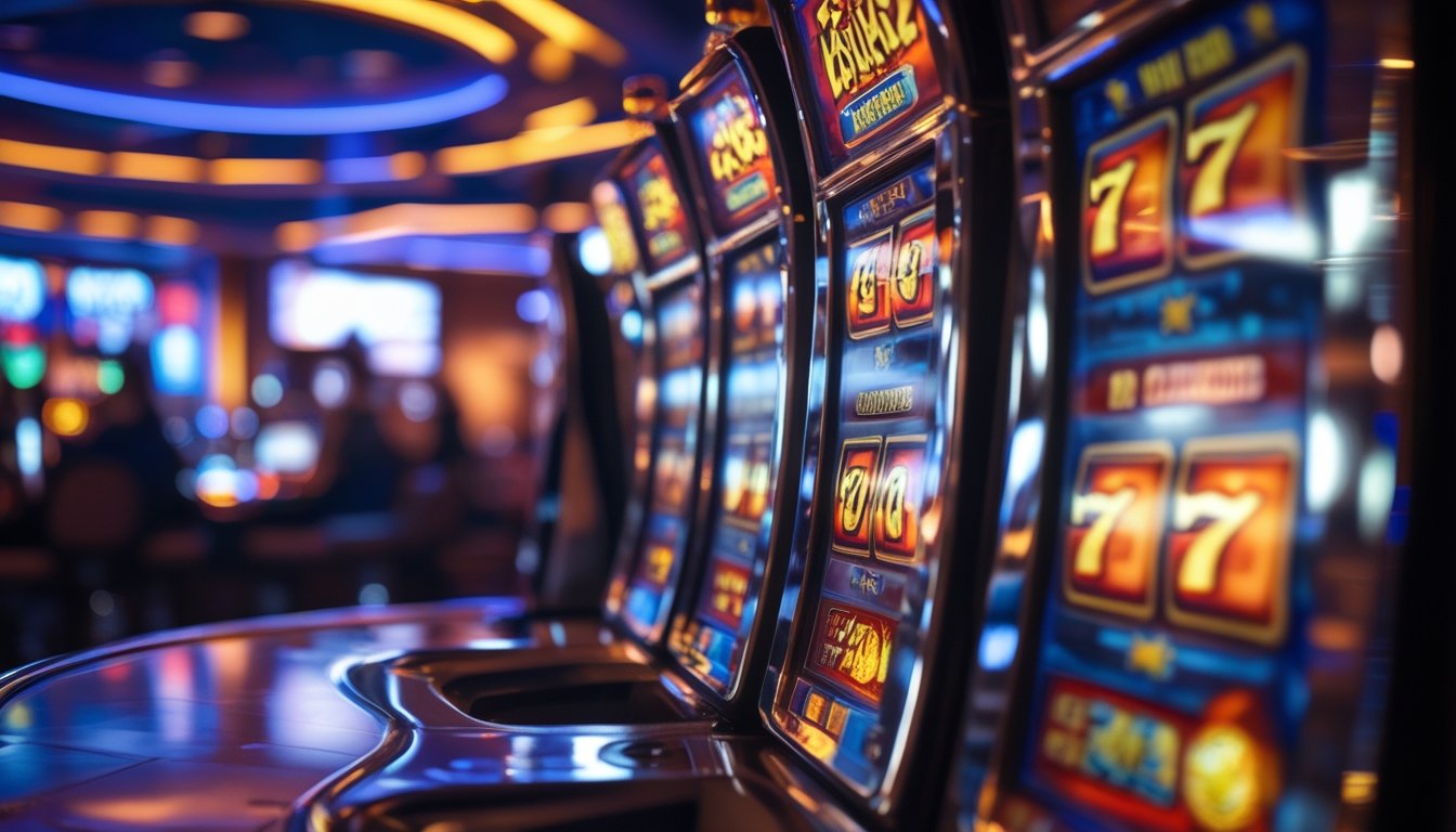 Area mesin slot retro yang cerah dan ramai di kasino dengan layar mesin slot yang menampilkan grafik dinamis dan suasana yang menyenangkan.