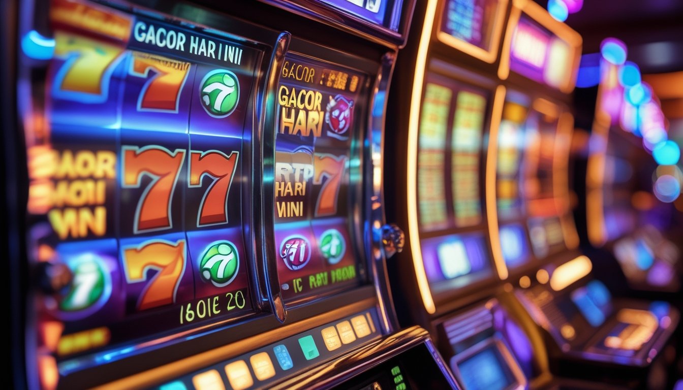 Gambar mesin slot klasik dengan gulungan berwarna-warni yang sedang berputar, menampilkan simbol buah dan angka tujuh, di dalam suasana kasino modern.