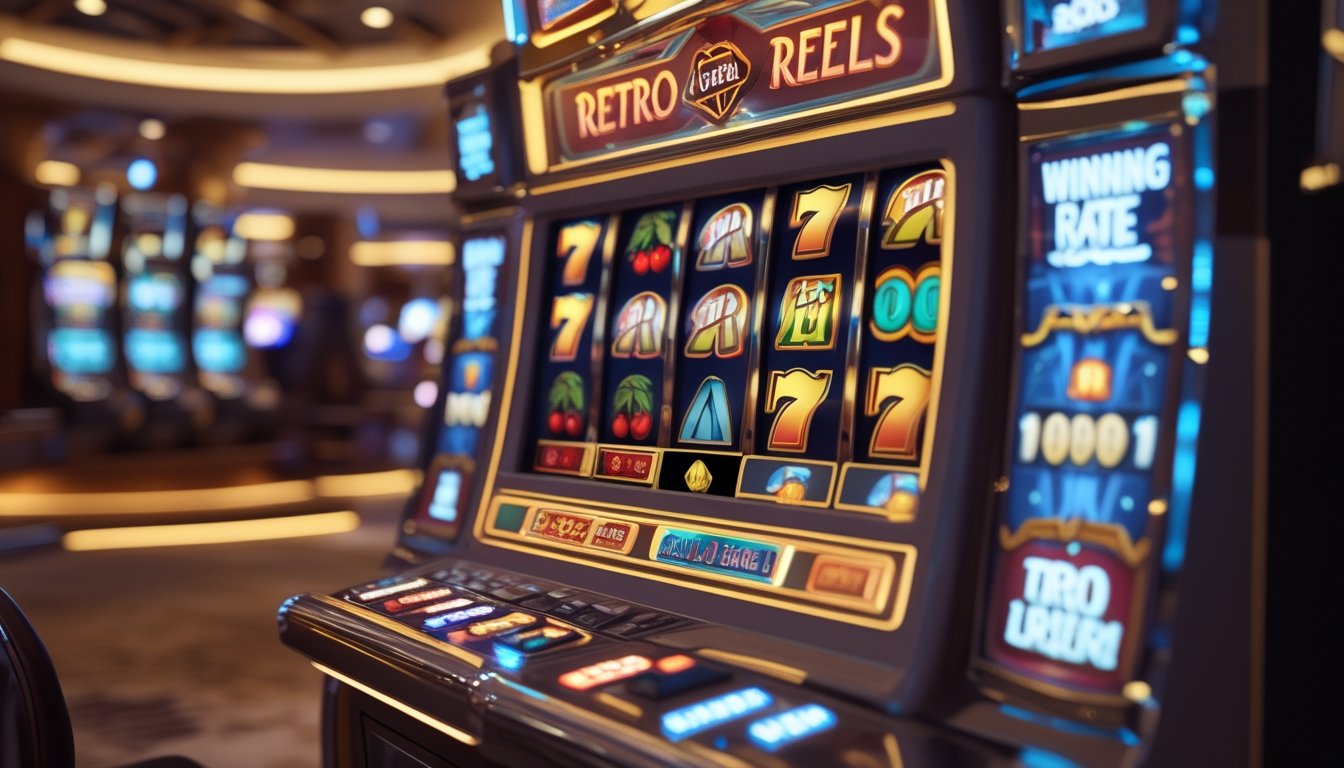 Sebuah mesin slot klasik di lingkungan kasino modern dengan lampu hangat dan latar belakang kabur yang menunjukkan suasana kasino mewah.