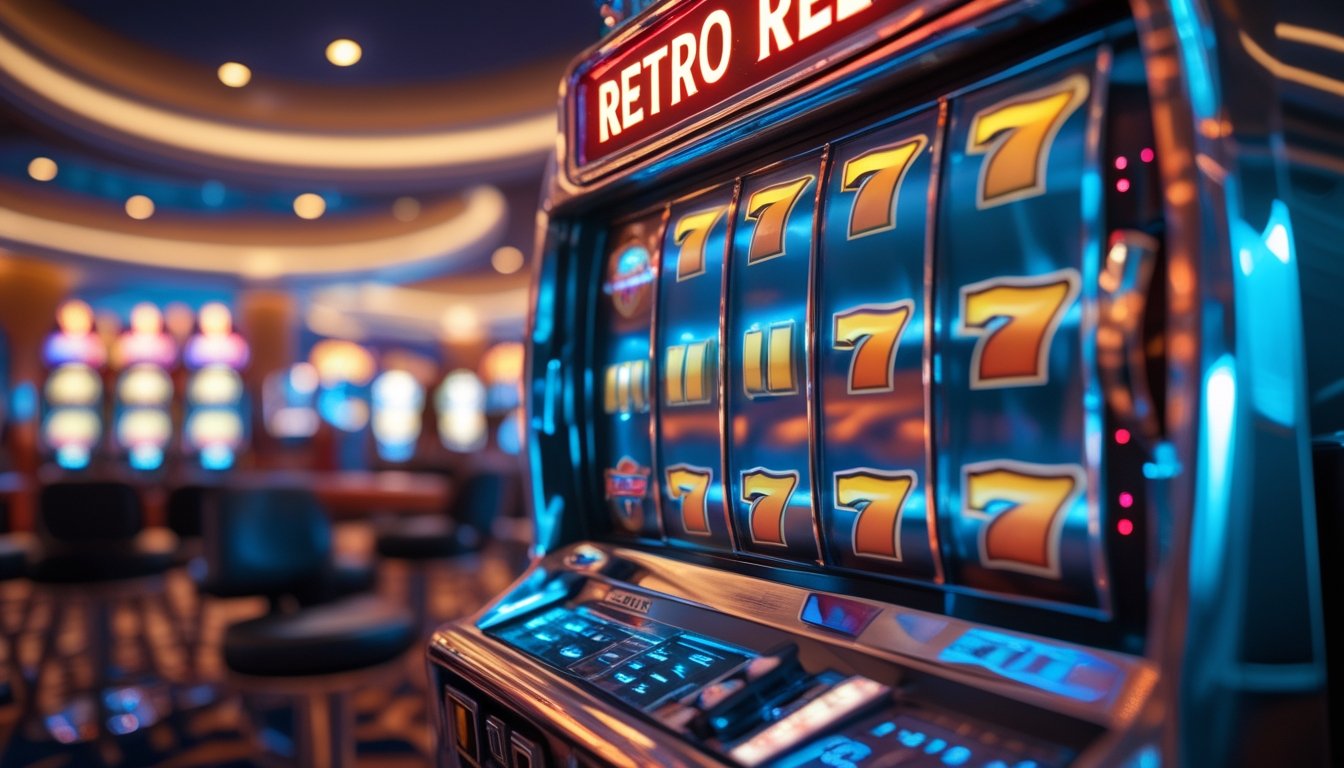 Mesin slot vintage dengan simbol klasik di kasino yang terang dan ramai.
