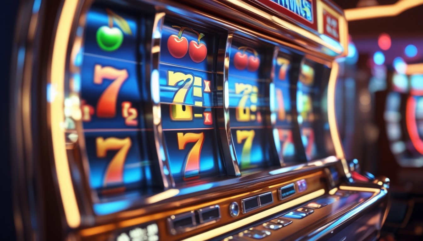 Mesin slot klasik dengan gulungan berwarna cerah dan latar belakang suasana kasino yang ramai.